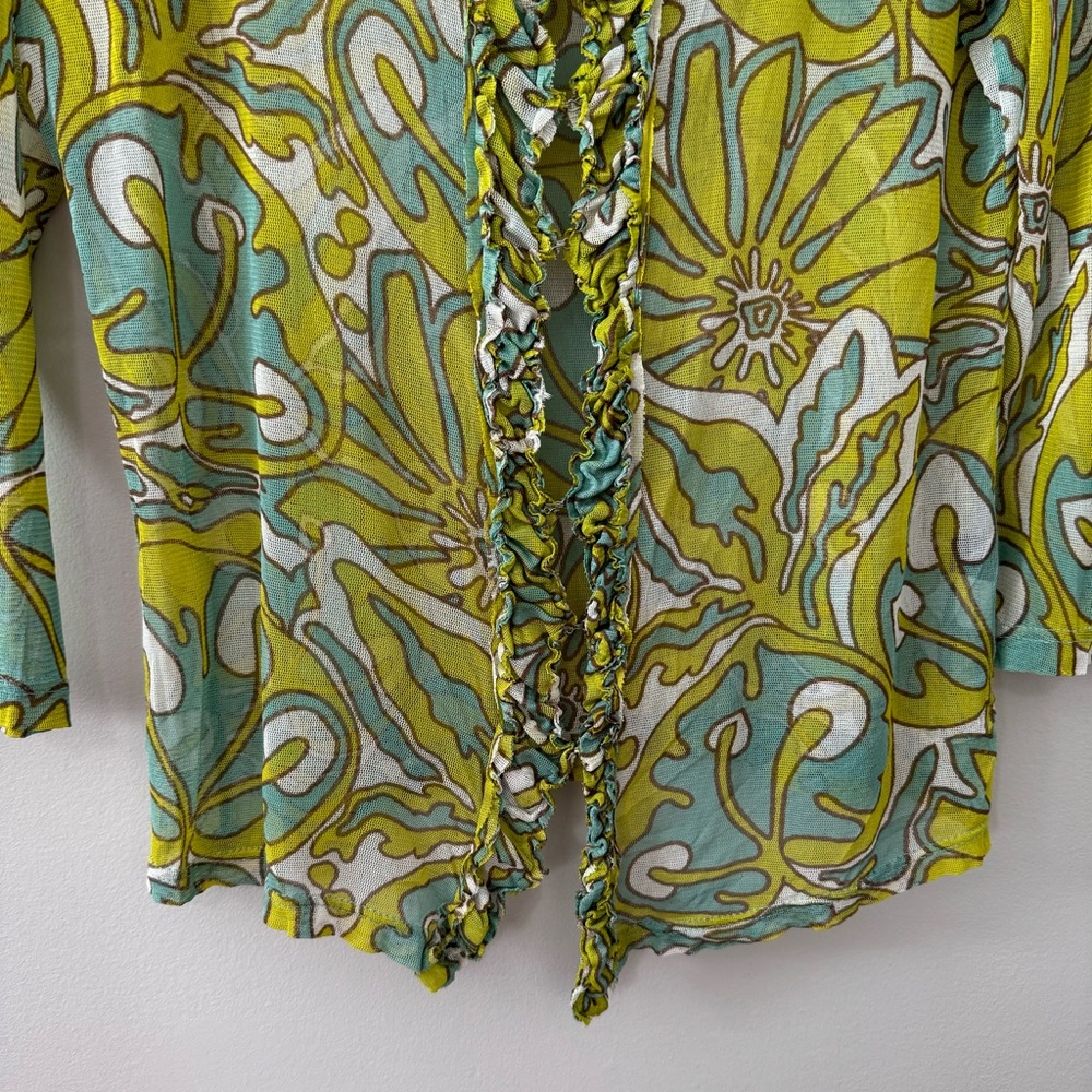 Lynn Ritchie 100% Silk Sheer Mesh Ruffle Groovy Floral Top Medium - Picture 5 of 14